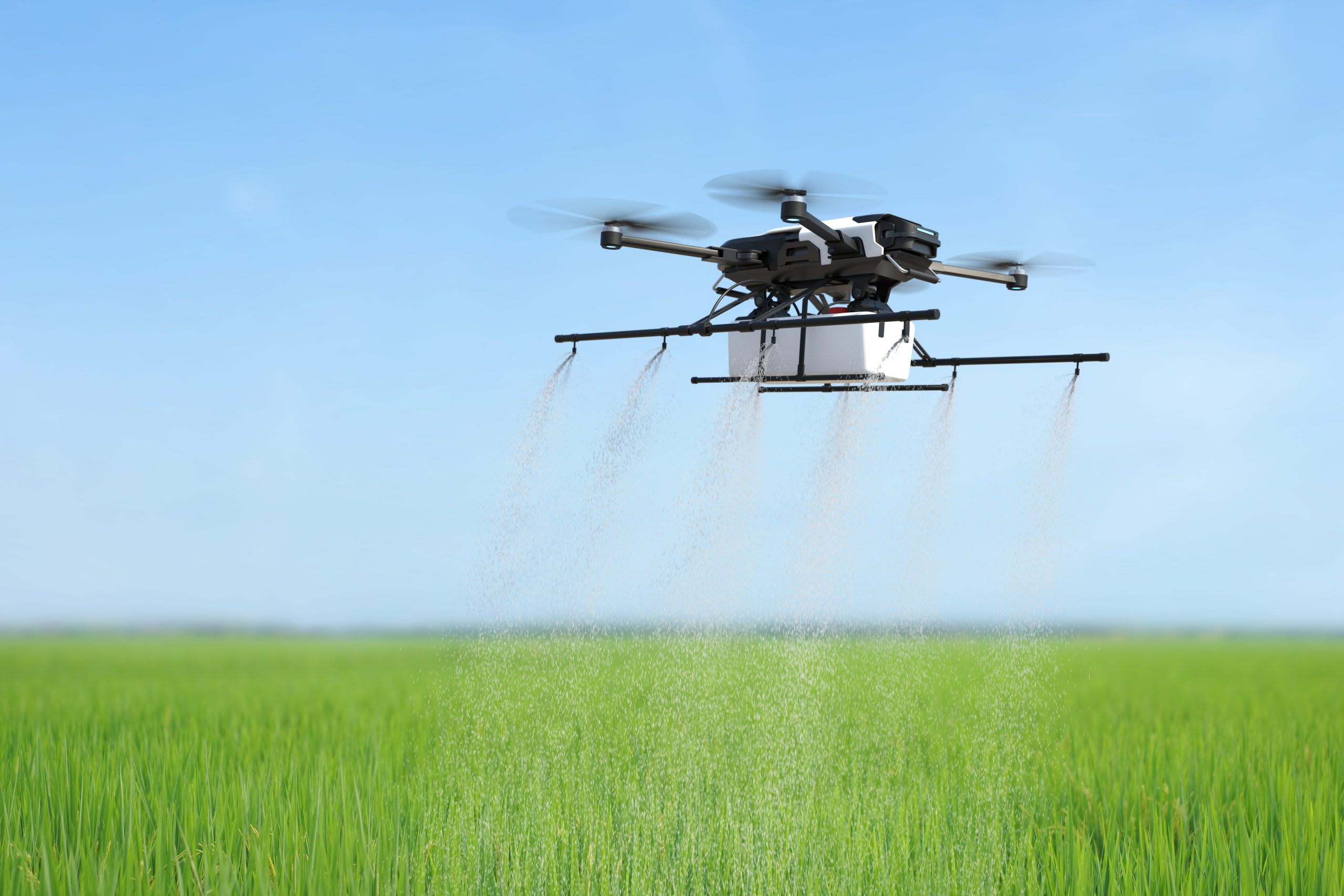 Drone spraying fertilizer on vegetable green plants, Agriculture technology, Farm automation. 3D illustration